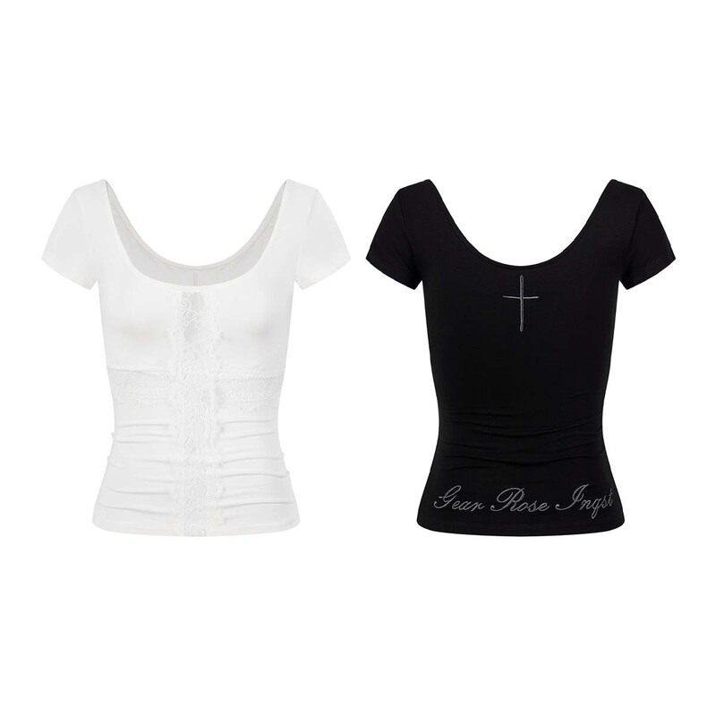 Unbdns Spicy Girl Lace Hollow-Out Short-Sleeve T-Shirt for Women, Summer Pure Desire Sexy Slim-Fit Slimming Base Top