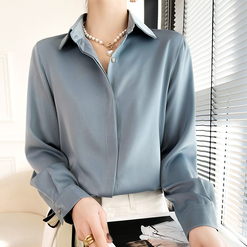 2025 Spring and Summer New Elegant Satin Polo Shirt Cardigan Women's Long-Sleeved Pure Color Professional Workwear Top