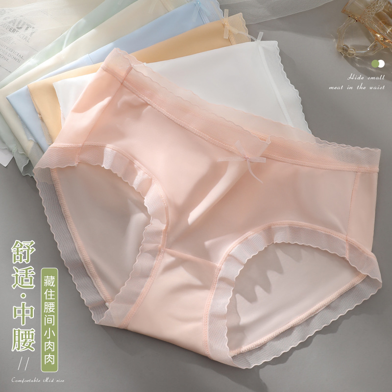 Entrepierna de algodón transpirable de verano para mujer Mediados de cintura linda chica borde de encaje triángulo pantalones cortos cabeza chica ropa interior sin costuras