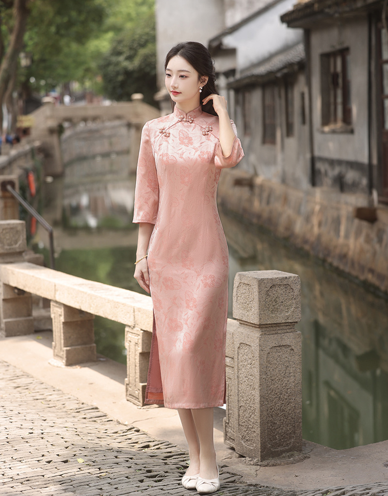 Autumn fashionable fresh cute long fuchsia elegant cheongsam