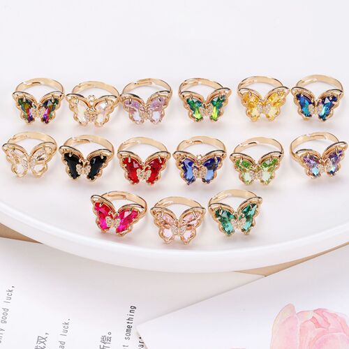 Japanese and Korean crystal glass butterfly open ring light luxury versatile temperament women's new multi-color three-dimensional 18K gold jewelry