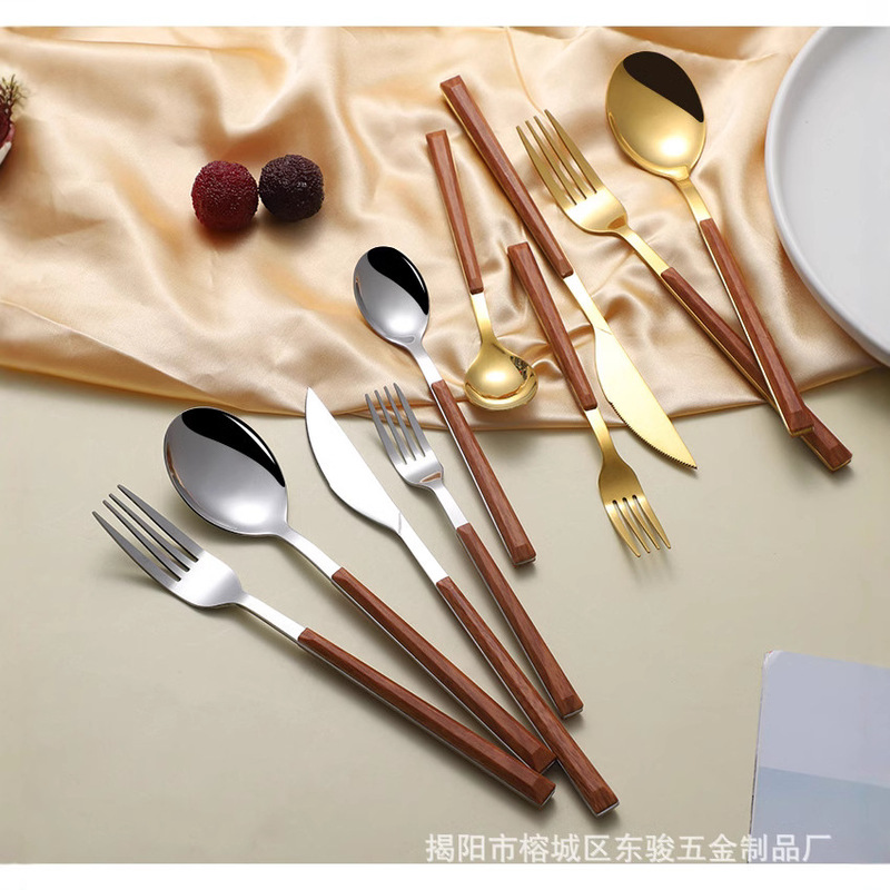 Wholesale Stainless Steel Imitation Wooden Handle Knife and Fork Spoon Portuguese Western Food Tableware Wood Grain Tableware Clip Handle Tableware Japanese Tableware