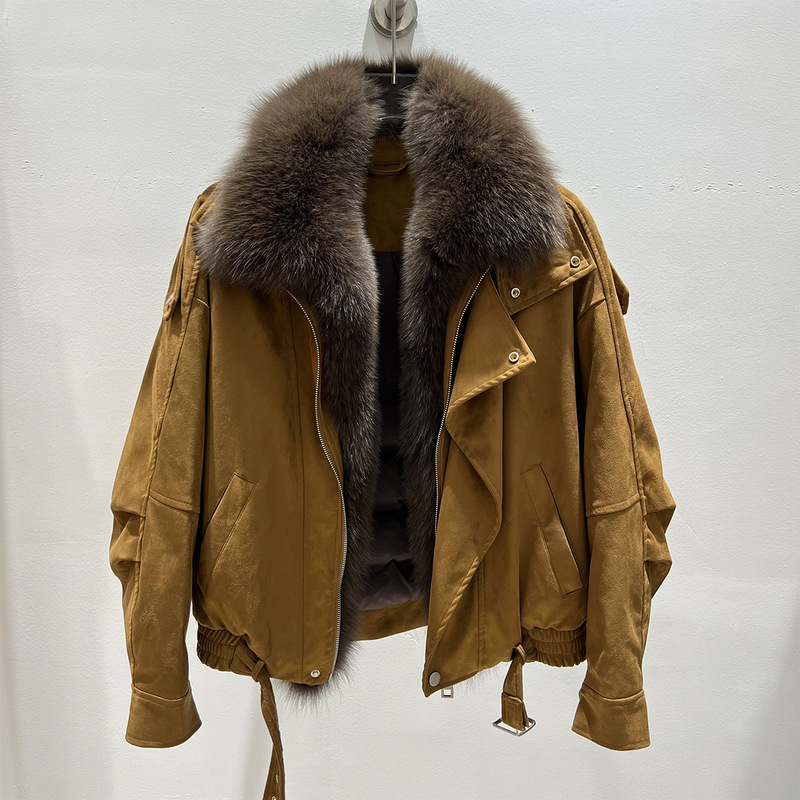 Motorcycle style 2026 new model large fur collar fox fur workwear parka down jacket for women, short loose fur coat Motorcycle style 2026 new model large fur collar fox fur workwear parka down jacket for women, short loose fur coat