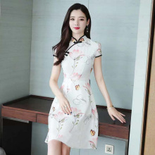 2024夏季新款复古印花气质连衣裙女中国风修身显瘦清新A字裙子女