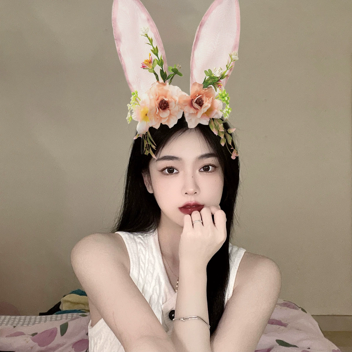 Headband Red Rabbit Lace Ears, Handmade Hair Accessory, High-Quality Graduation Party Style
