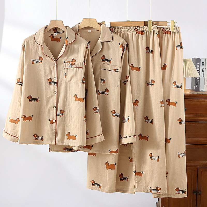 Spring and Autumn Couples Cotton Gauze Pajamas Lapel Long Sleeve Cardigan Home Clothes suit plus size Cartoon Printed Men and Women