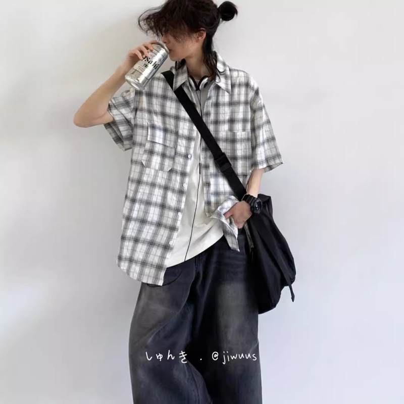 Japanese Style Retro Asymmetrical Flap Pocket Pants Plaid Short-sleeved Shirt Men's Trendy Street cityboy Loose Casual Shirt