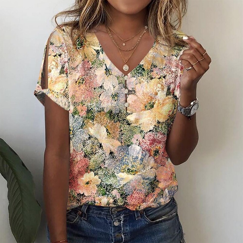 Shirt t Floral Dv Collar Cross-Border Shirt Button Women's Summer Henry Print European and American Short-Sleeved Wholesale