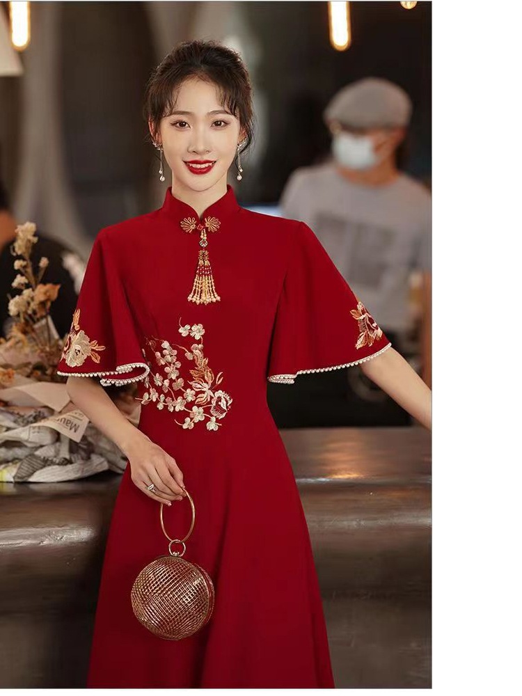 plus size Pregnant Women's wine red Chinese Improved Cheongsam Toast Dress Bride's High Waist Belly Covering Wedding Dress Xiuhe Dress