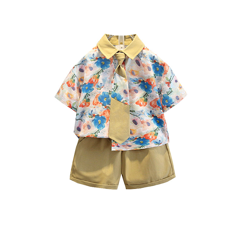 8129 Traje de camisa de manga corta para niños Estilo de verano Estilo de Hong Kong Traje de corbata para niños Camisa de dos piezas Bebé 2025 Verano