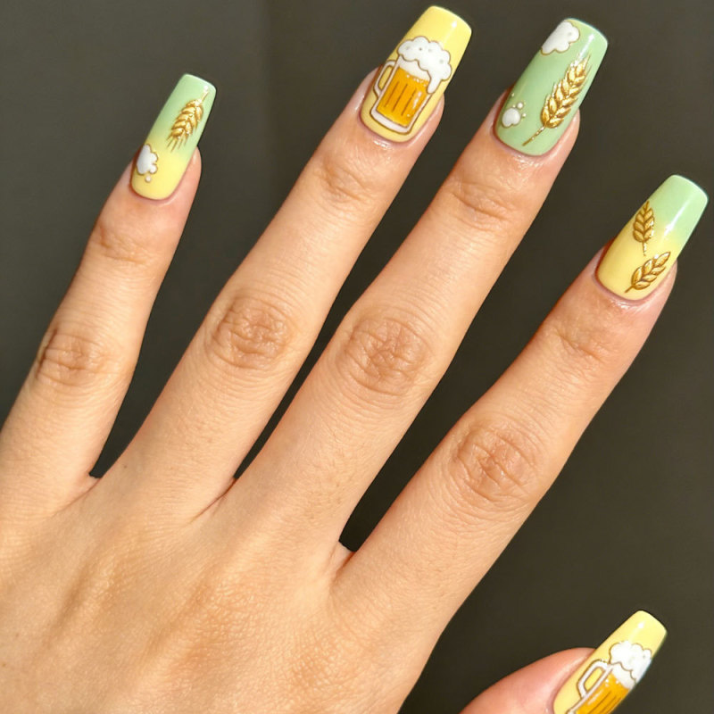 Beer Festival Themed Hand-Painted Beer Mug Long Ladder Nail Art, Yellow-Green Gradient Manicure, Summer Removable Fake Nails
