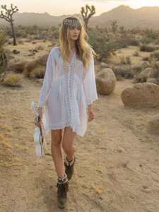 product - wholesale Artificial Cotton Lace Waist Elastic Band Beach Cover-up Sexy Loose Vacation Sun Protection Shirt Bikini Cover - 2
