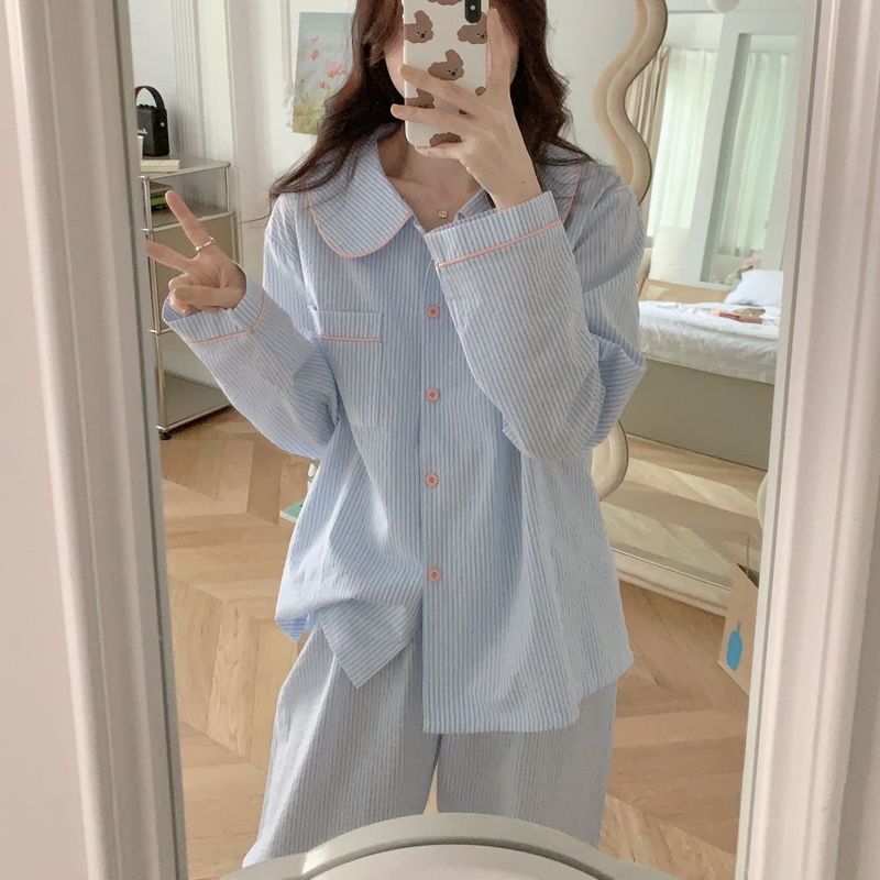 Spring and Autumn Korean Ins Cotton Stripesd Long-Sleeved Pajamas Cute Girl Doll Collar Loose Home Clothes Suit Trendy Spring and Autumn Korean Ins Cotton Stripesd Long-Sleeved Pajamas Cute Girl Doll Collar Loose Home Clothes Suit Trendy