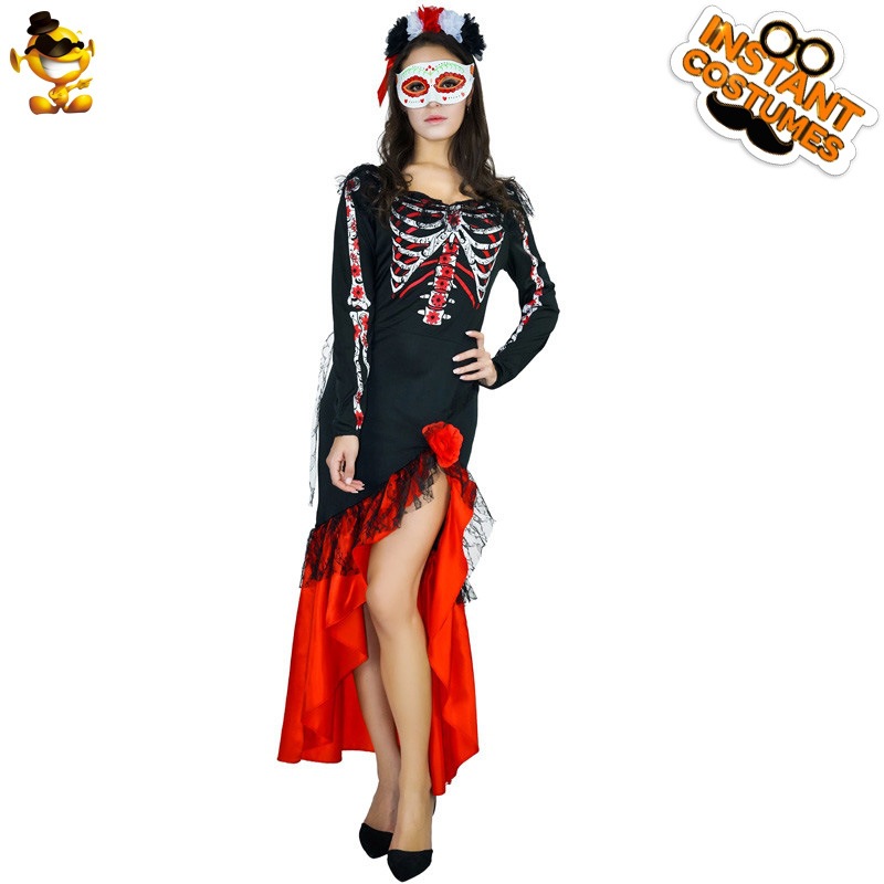 Halloween de las mujeres adultas Día de los muertos colorido fantasma hueso cráneo traje grande femenino rol esqueleto fantasma hueso falda
