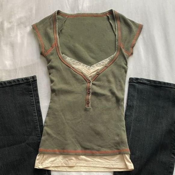 Pure Cotton American Retro Style Vintage Square Collar Short-Sleeved Pure Lust Contrasting Color Millennium Sexy Waist Button Top T-Shirt
