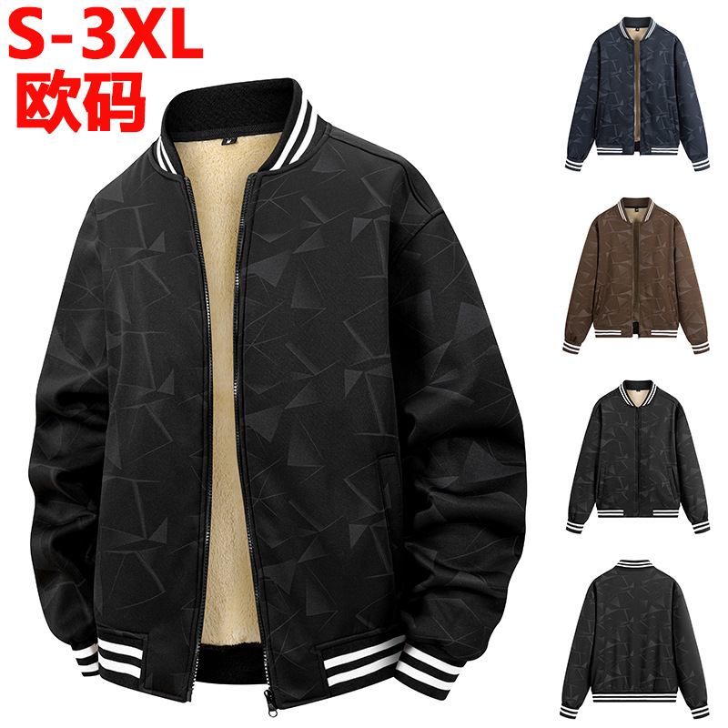2025 Autumn and Winter New European Size Baseball Uniform Jacket Youth Cashmere Top Men's Trendyy Velvet Casual Jacket