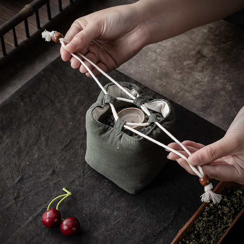 Bolsa de almacenamiento de taza única maestra bolsa de taza maestra taza de té portátil taza de construcción bolsa de tela con cordón de algodón y lino bolsa de tela juego de té