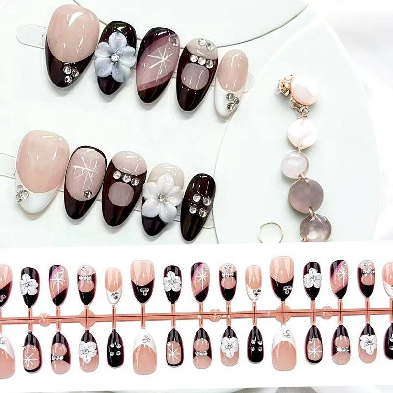 New Ultra-Short Almond-Shaped French Brown Nail Stickers, Popular in Europe and America, Cross-Border 3D Flower Nail Stickers New Ultra-Short Almond-Shaped French Brown Nail Stickers, Popular in Europe and America, Cross-Border 3D Flower Nail Stickers