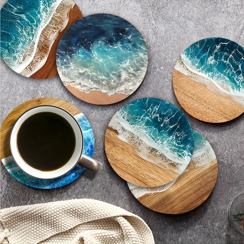 Six Blue Ocean Round Wooden Coasters for Home Cafe Party Table Decoration Coasters Placemat Supplies