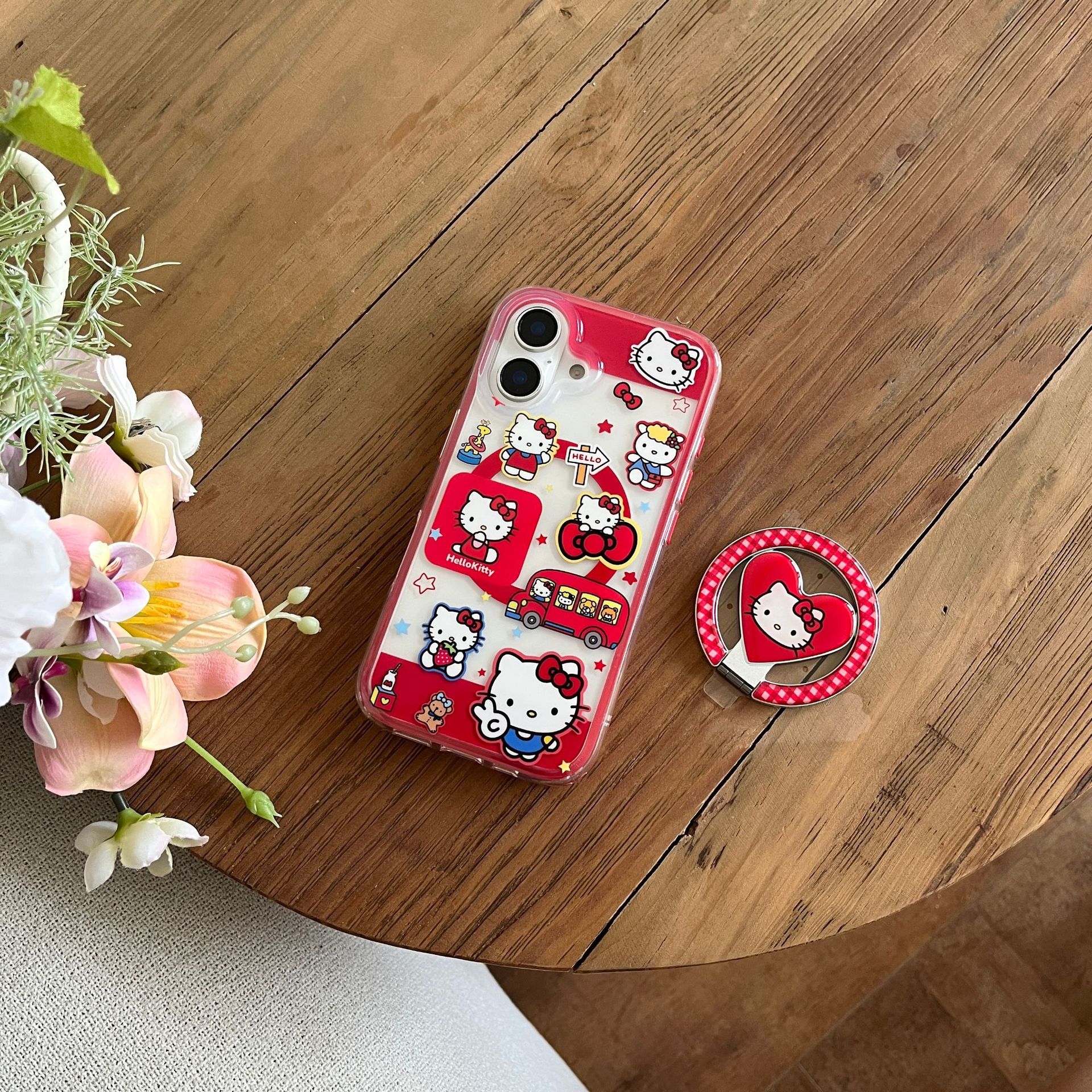 Dibujos animados lindo patrón de cuadrícula rojo amor KT gato para Apple 16ProMax funda para teléfono móvil 15Pro atracción magnética 14/13 nuevo