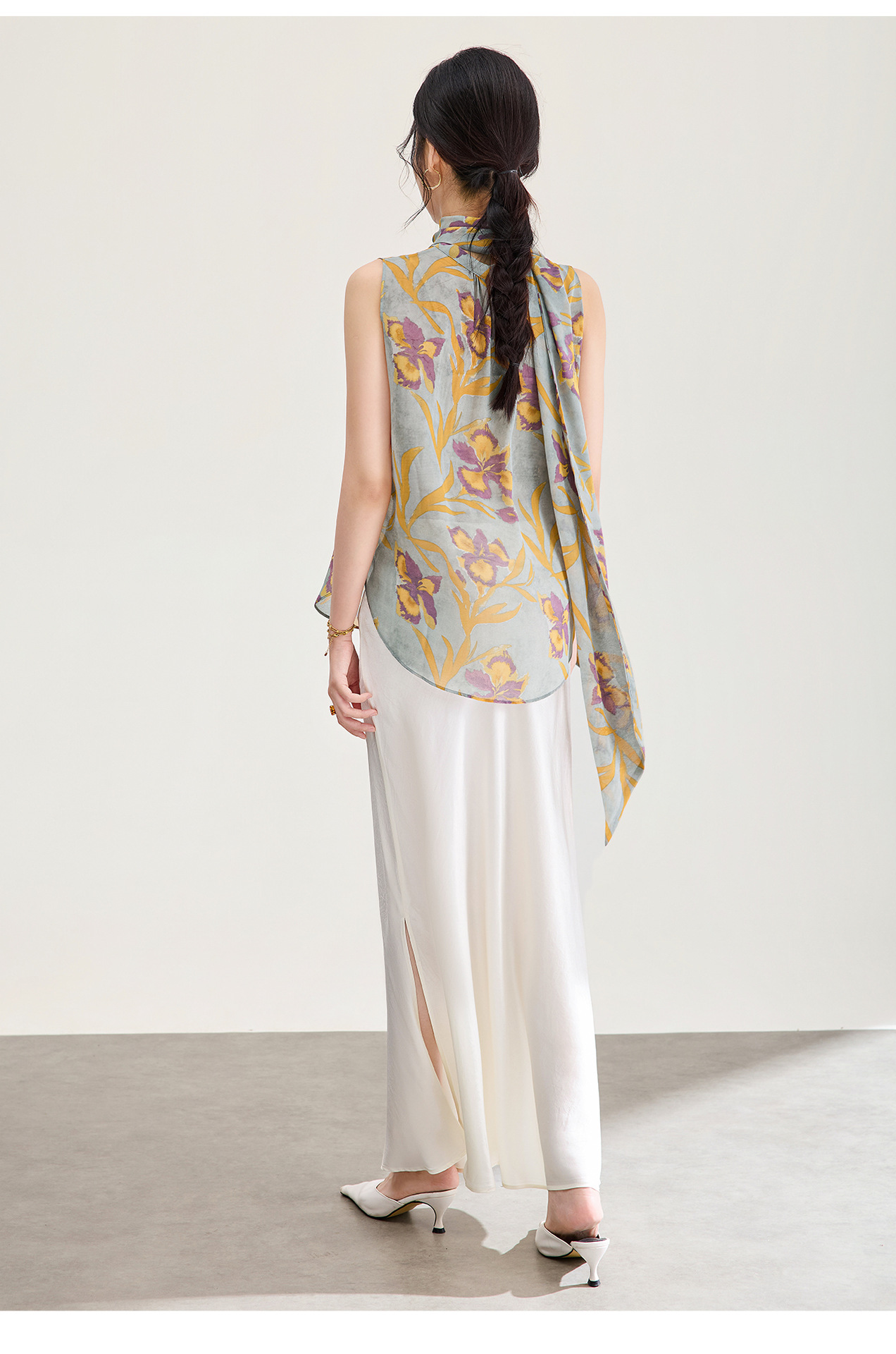 Áo hai dây nữ chất liệu chiffon in hoa, phối dây lụa, phong cách thanh lịch mùa hè — màu xám chi tiết 24