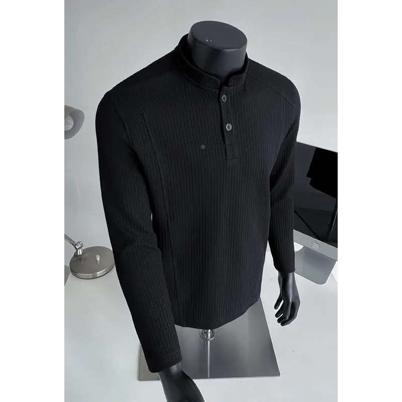 Cleanfit White Henley Collar Long-Sleeved T-Shirt for Men and Women Autum Boxy Right Shoulder Top American Retro Bottoming Shirt