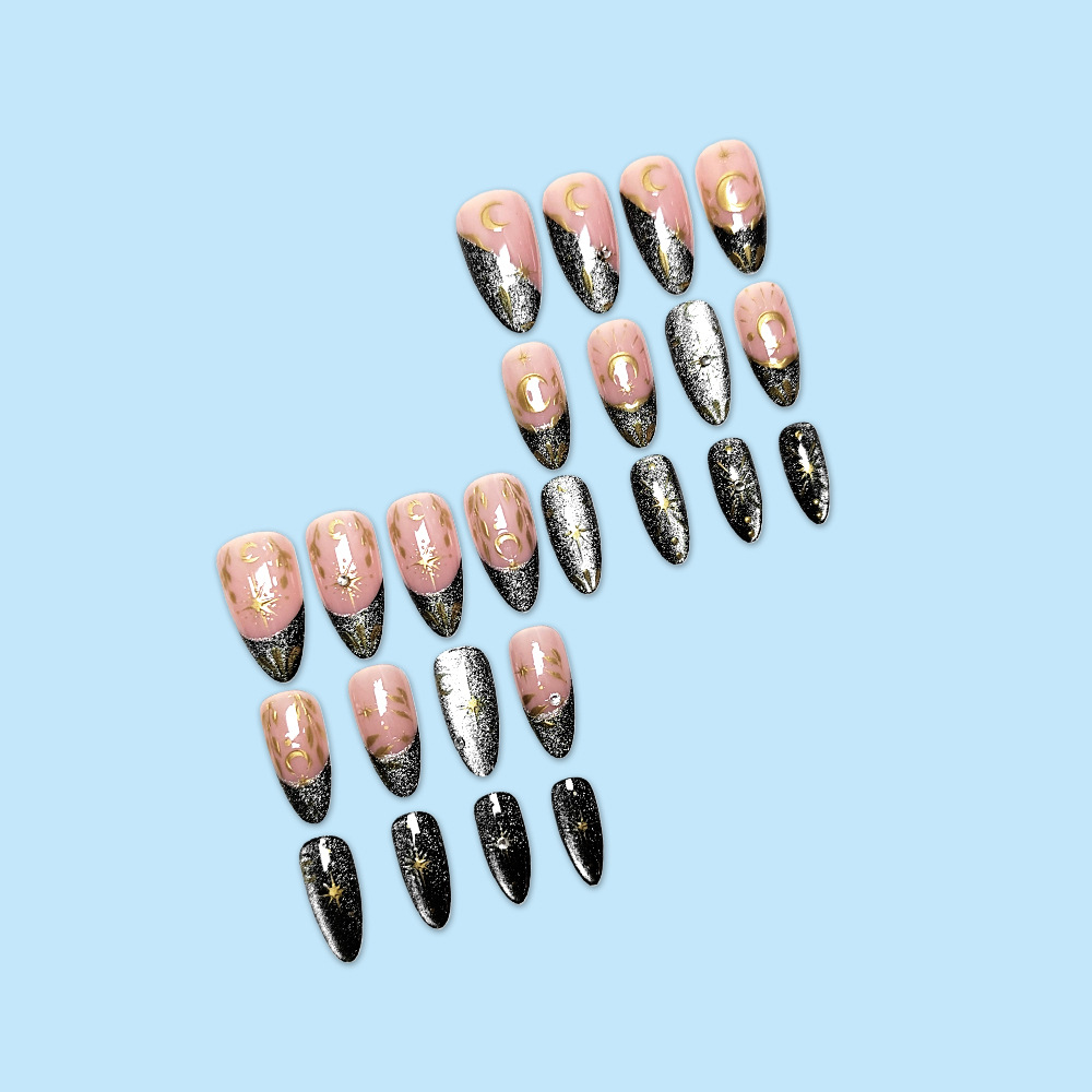 3D estereoscópico LIP dorado desgaste uña estrella de luna hojas de ojo de gato uñas 24 piezas clásicas de oro negro perforación de uñas falsas image 4