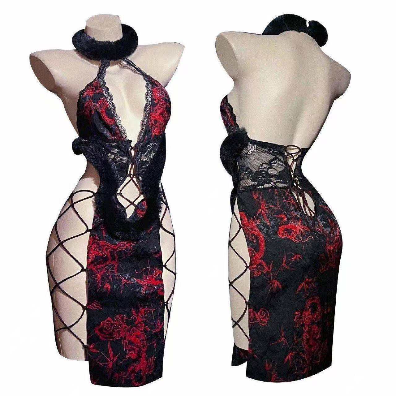 Ancient-Style Cheongsam Lingerie Nightdress with High Slit, Polyester, One Size — detail image 5