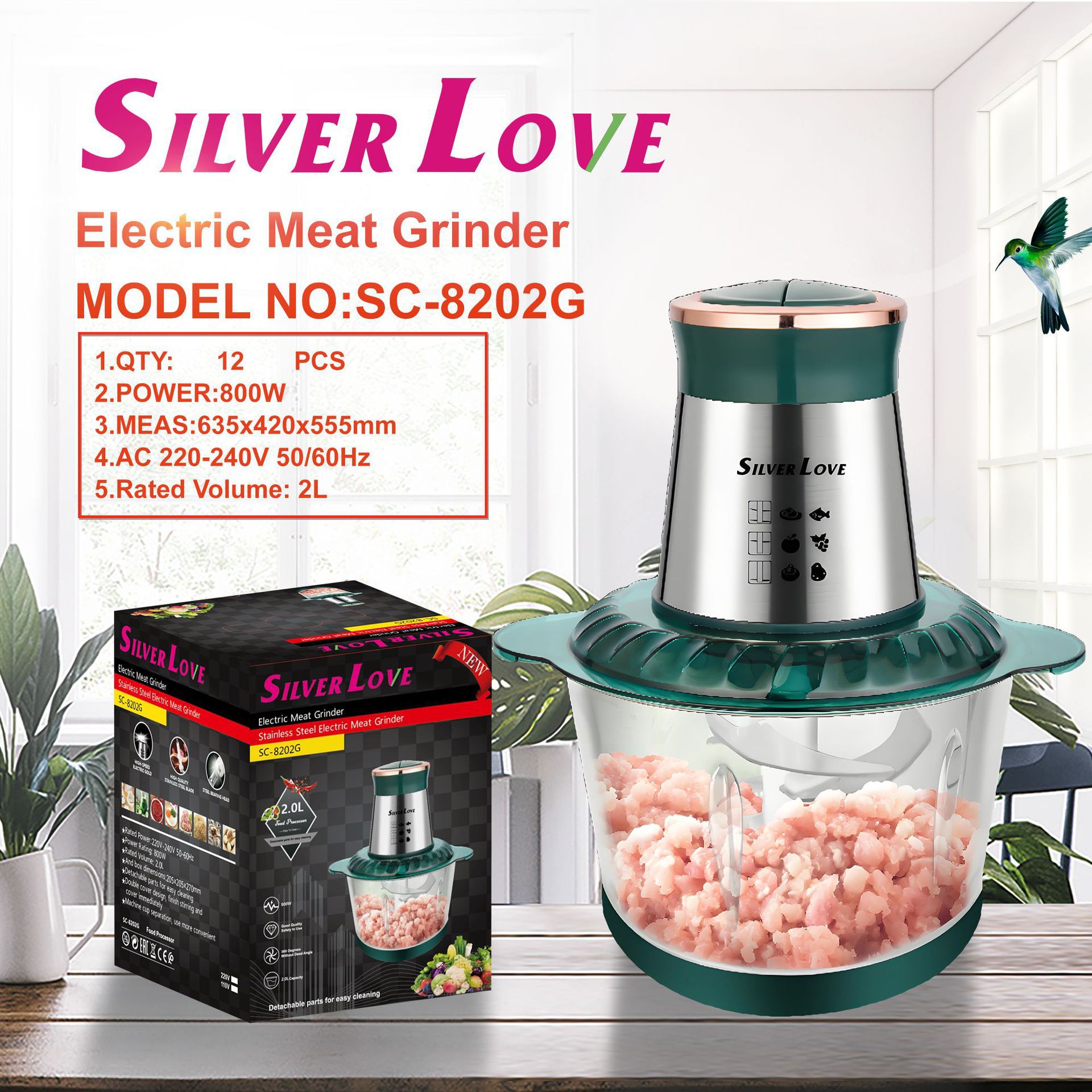 Comercio exterior exportación 2.0L cocinadora doméstica 800W multifuncional vidrio eléctrico cocina moledor de carne