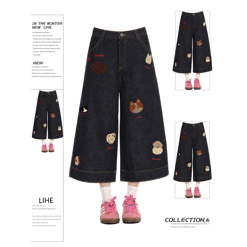 American-Style Black Dog Embroidery Wide-Leg Denim Shorts for Women, Summer New Slim-Fit Straight-Leg Cropped Pants