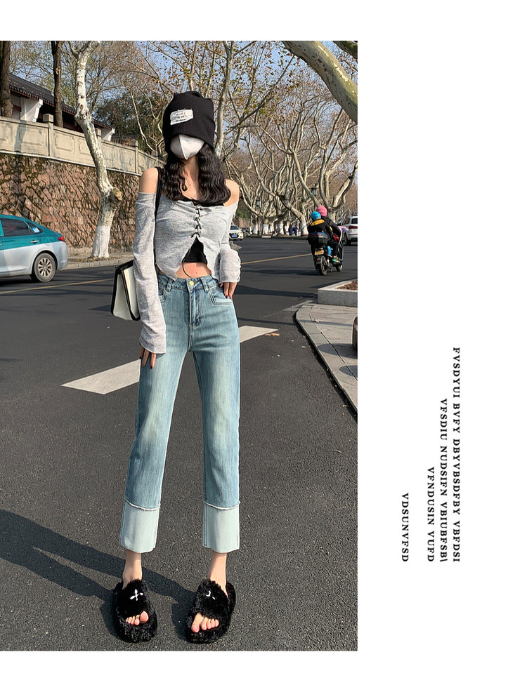 【中国直邮】HEY+JEANS 春季韩系翻边高腰显瘦九分裤 黑色 M