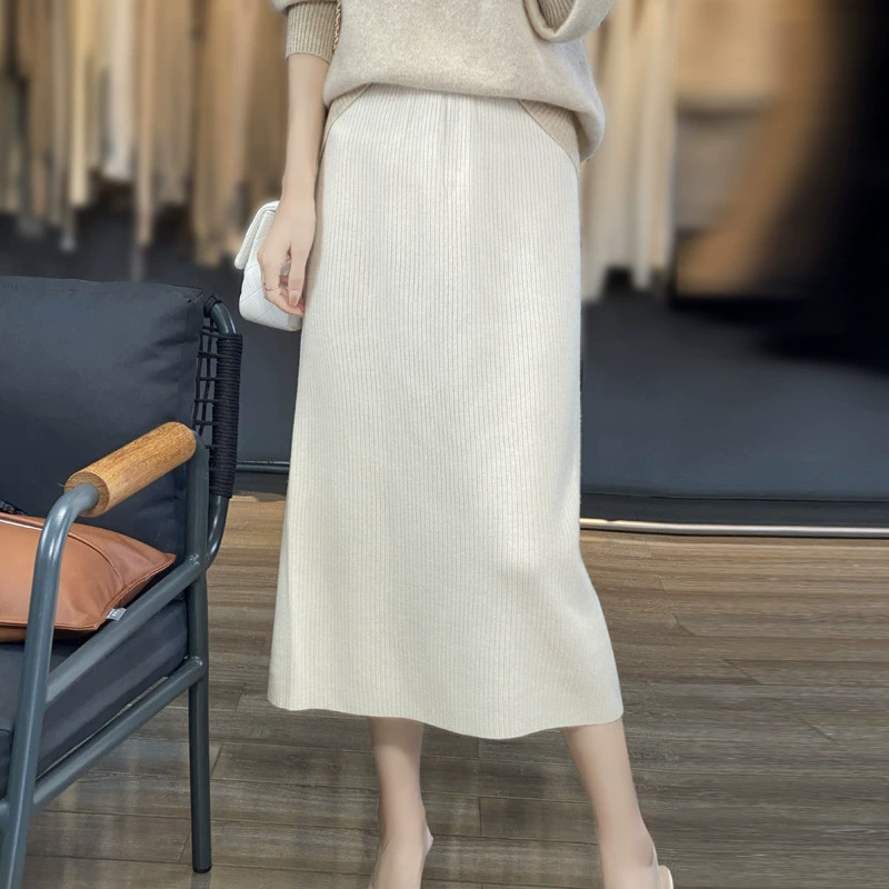 Осенняя и зимняя новая шерстяная юбка женская трикотажная сплошной цвет