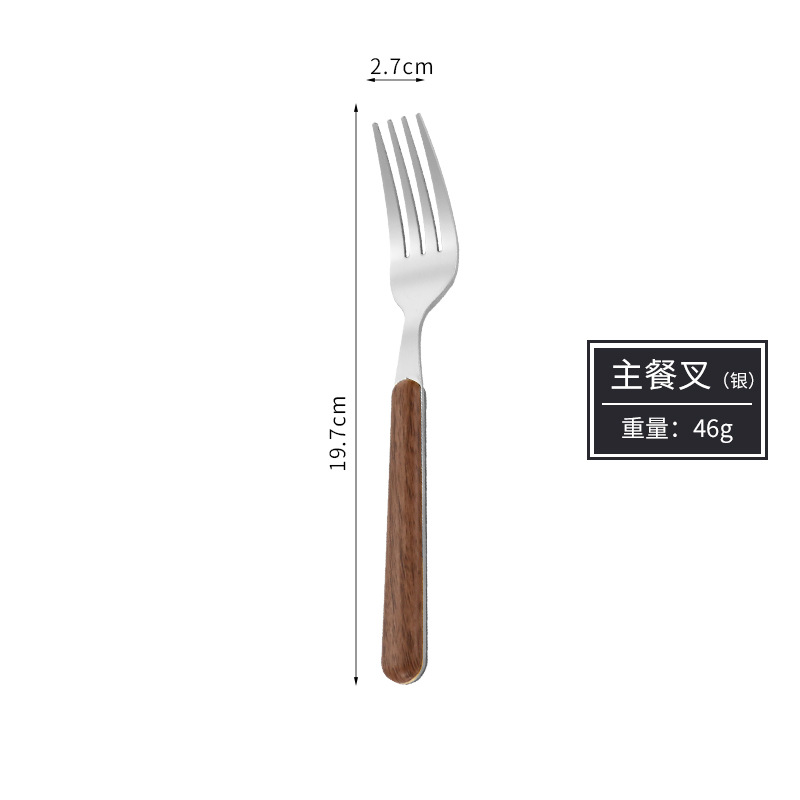 Celebridad de Internet transfronteriza ins imitación mango de madera filete cuchillo de acero inoxidable, tenedor y cuchara grano de madera Hotel cuchara chapada en oro vajilla de acero inoxidable
