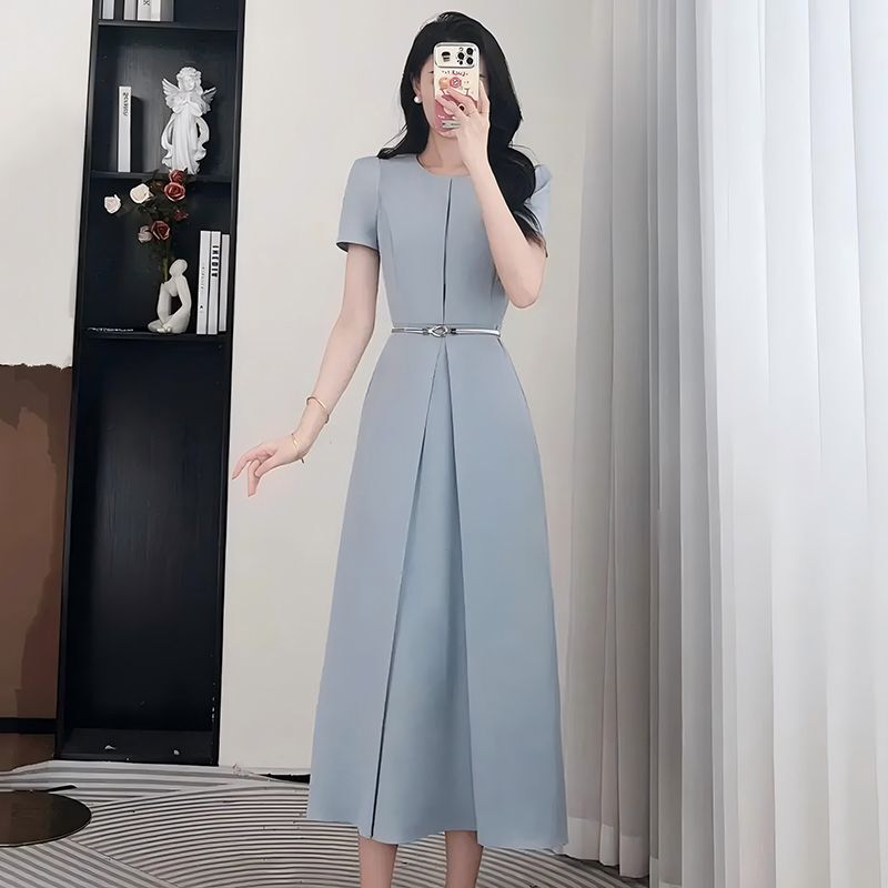 Women's New Summer Dress, Short-Sleeved, Elegant Luxury Evening Gown, Waist-Cinching, Slimming, Commuter Dress, Comes with Belt 1558