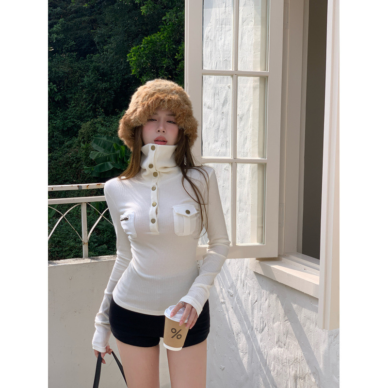 新款辣妹不对称设计感高领软糯亲肤内搭打底外穿衫T恤女上衣|undefined