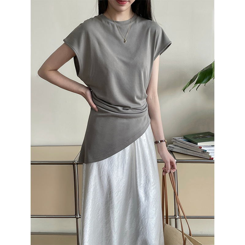 [Year-End Benefits Are Non-Refundable] Korean-Style Waist-Cinching T-Shirt for Women with Irregular Hem and Small Flutter Sleeves Top 2716