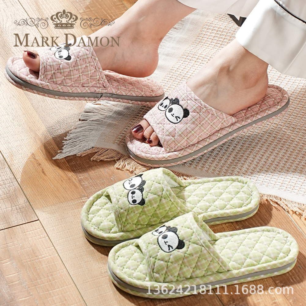 纯棉三层加厚布底可机洗静音男女家居家软底室内拖鞋卡通熊猫拖鞋