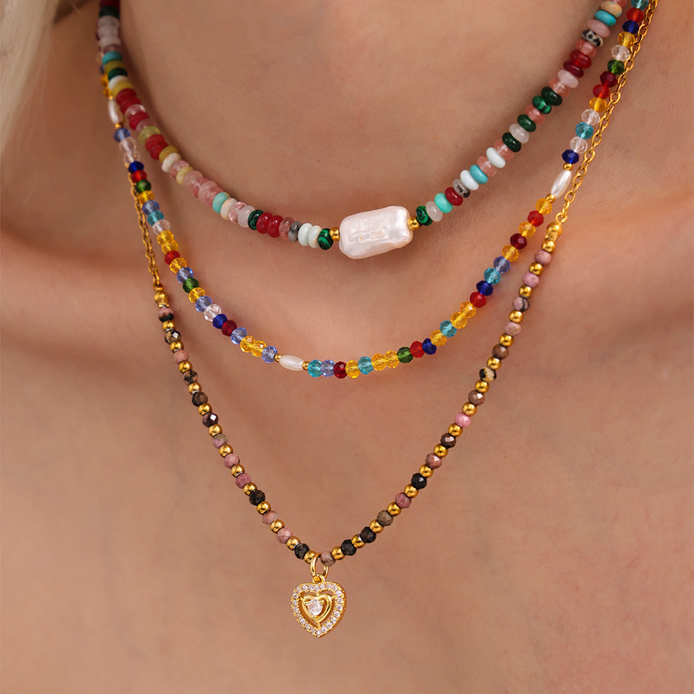 Collar con cuentas de piedra natural de azúcar, colgante de circón con incrustaciones de amor, pulsera de cadena de clavícula, conjunto de joyería para mujer francesa