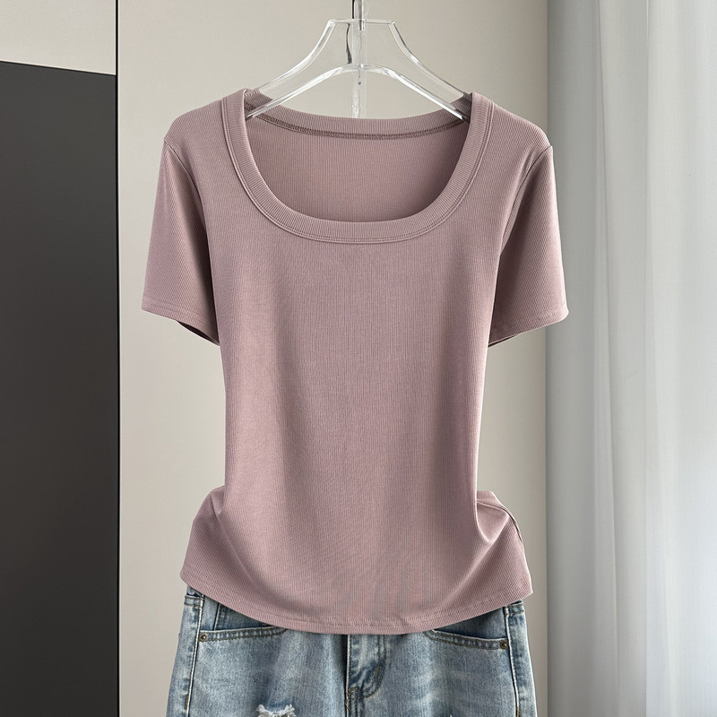 European-style All-match Threaded Square Collar Short-sleeved T-shirt Women's 2025 New Summer Wear Loose Western-style Inner Thin Top