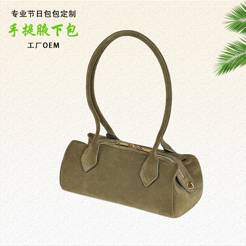 Vintage olive green suede baguette bag, niche design handbag, commuter underarm bag, gift bag manufacturing factory Vintage olive green suede baguette bag, niche design handbag, commuter underarm bag, gift bag manufacturing factory