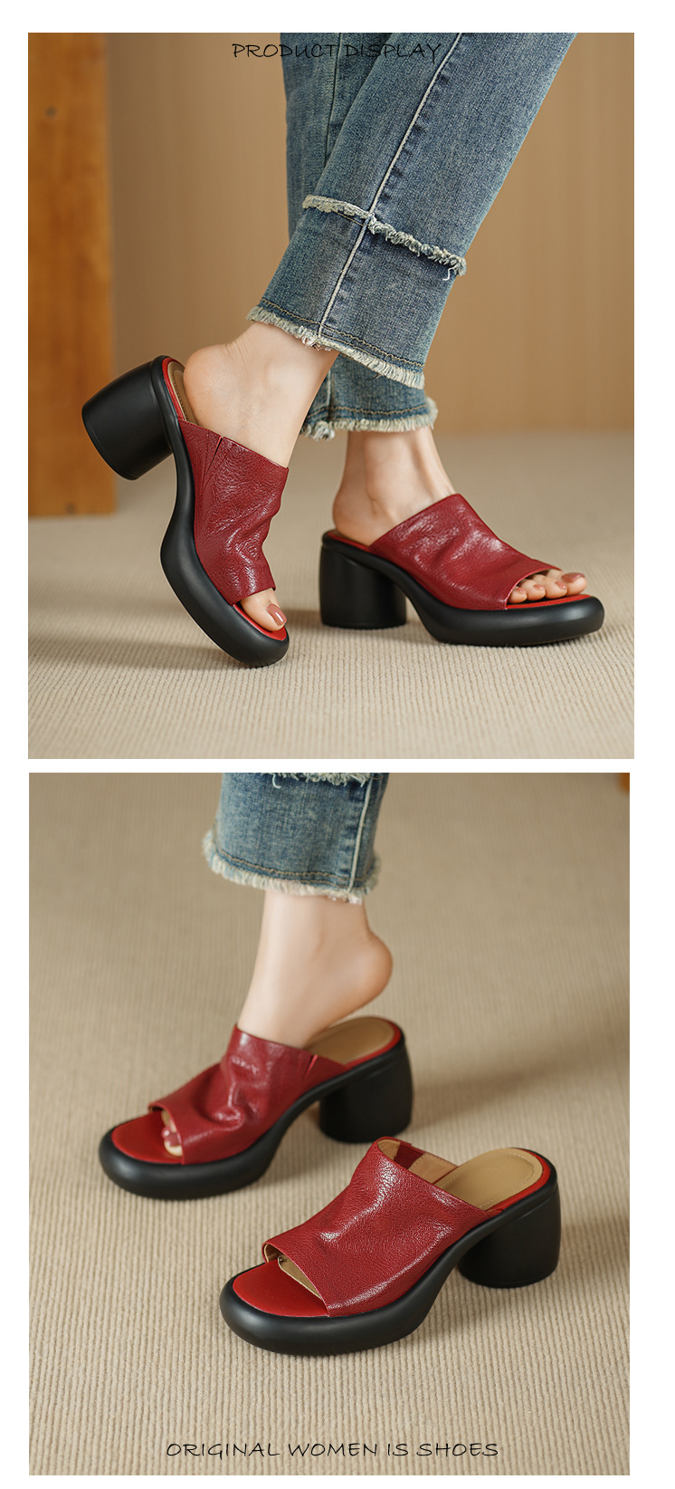 Sandal cao gót nữ hở mũi quai ngang da dê thật, gót 7 cm — đen chi tiết 10