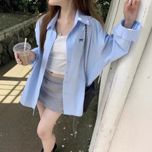 韩系蓝色蝴蝶结刺绣长袖衬衫女春夏新款宽松慵懒防晒衬衣休闲上衣