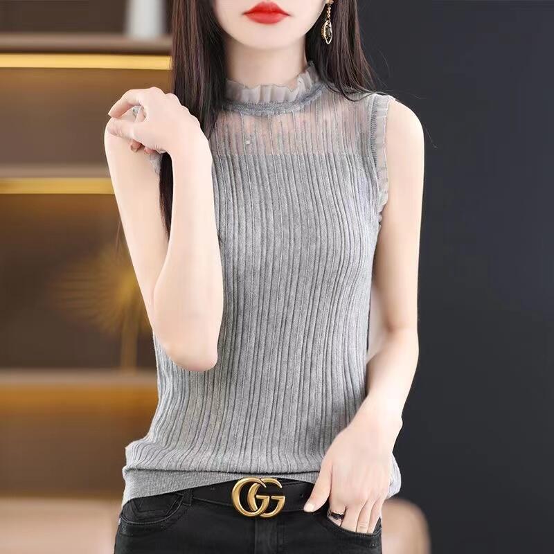 New sleeveless wool knitted lace stitching slim-fit slimming solid color bottoming sweater women's vest trendy spring