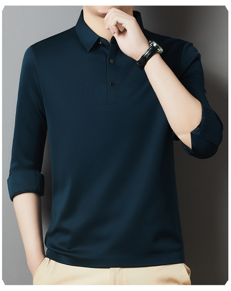 T-shirt a maniche lunghe da uomo in peluche spesso 2024 Autunno / inverno Nuova camicia di base in tinta unita con risvolto business di mezza età_voghion.com