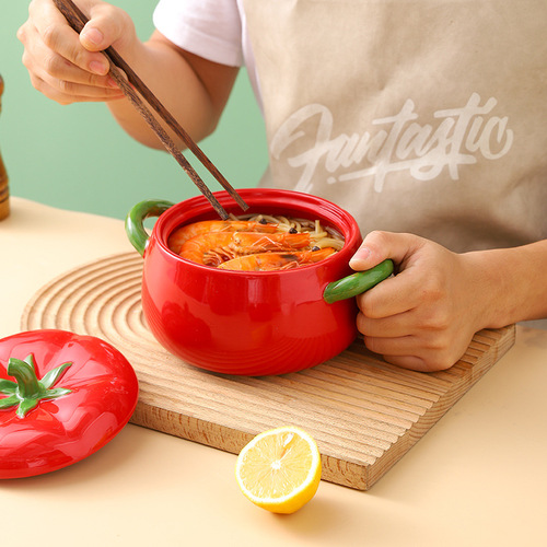 Double Ear Soup Bowl Tomato Shape Household Instant Noodle Bowl Student Dormitory With Lid Ceramic Soup Bowl Bowl Vermicelli Soup Bowl 