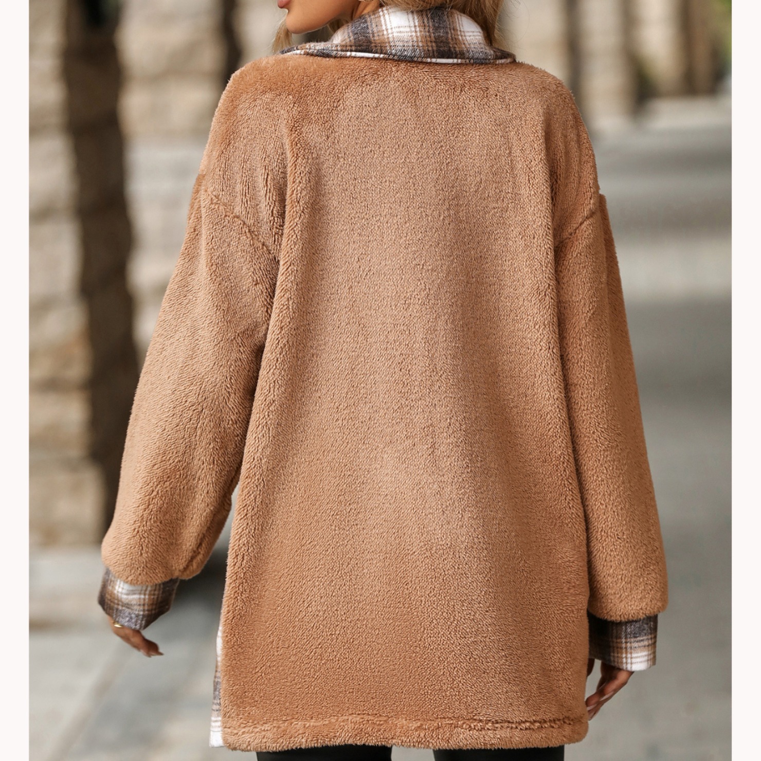 Women's Single Breasted Lapel Mid-Length Plaid Plush Jacket_voghion.com