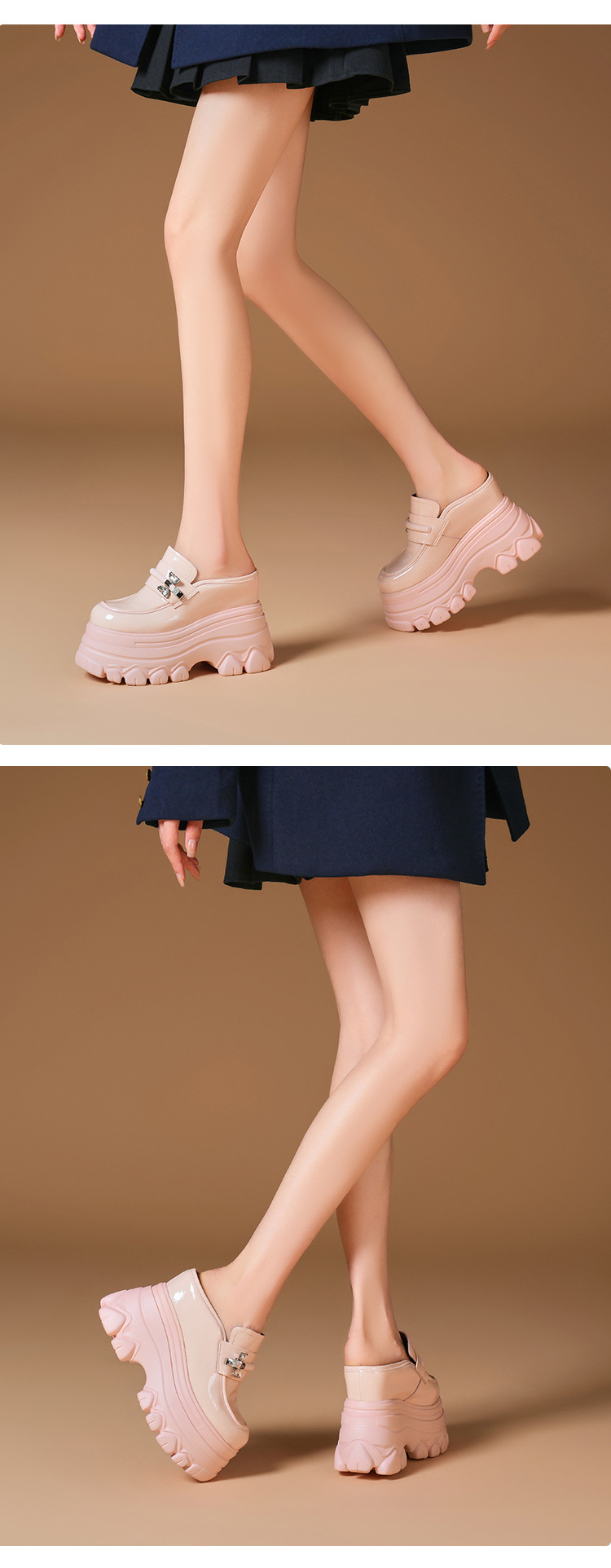 Sandal cao gót nữ mũi hở đế xuồng platform da bóng gót 12 cm — màu đen chi tiết 4
