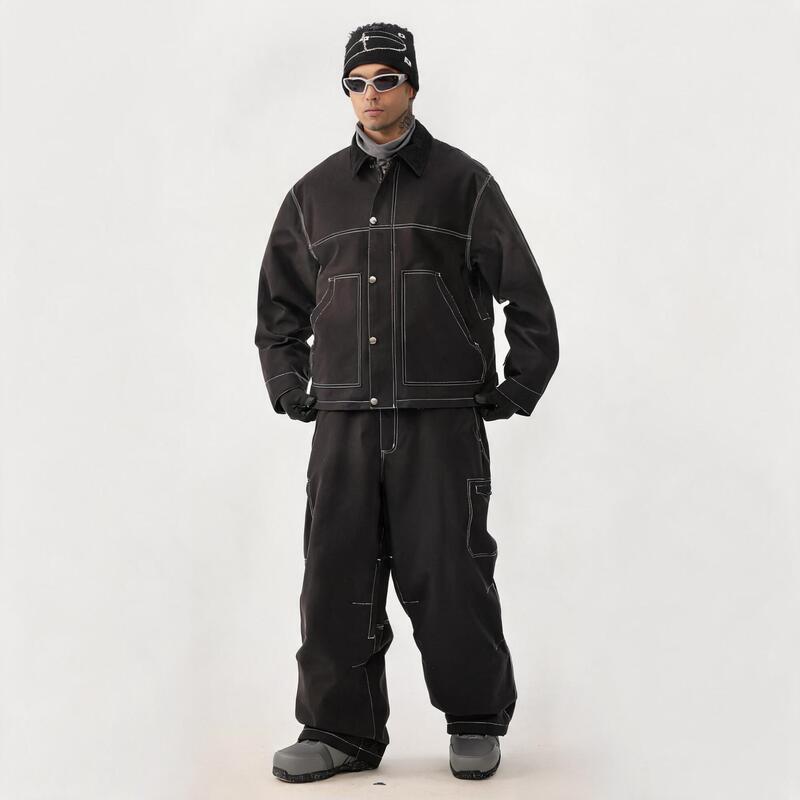 New men's ski jacket, retro workwear jacket, snowboard windproof and waterproof trendy solid color ski suit set for men