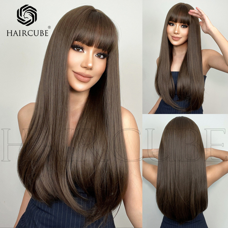 HAIRCUBE European and American style shein same style new style green wood Brown straight bangs long straight wig female wigs HAIRCUBE European and American style shein same style new style green wood Brown straight bangs long straight wig female wigs