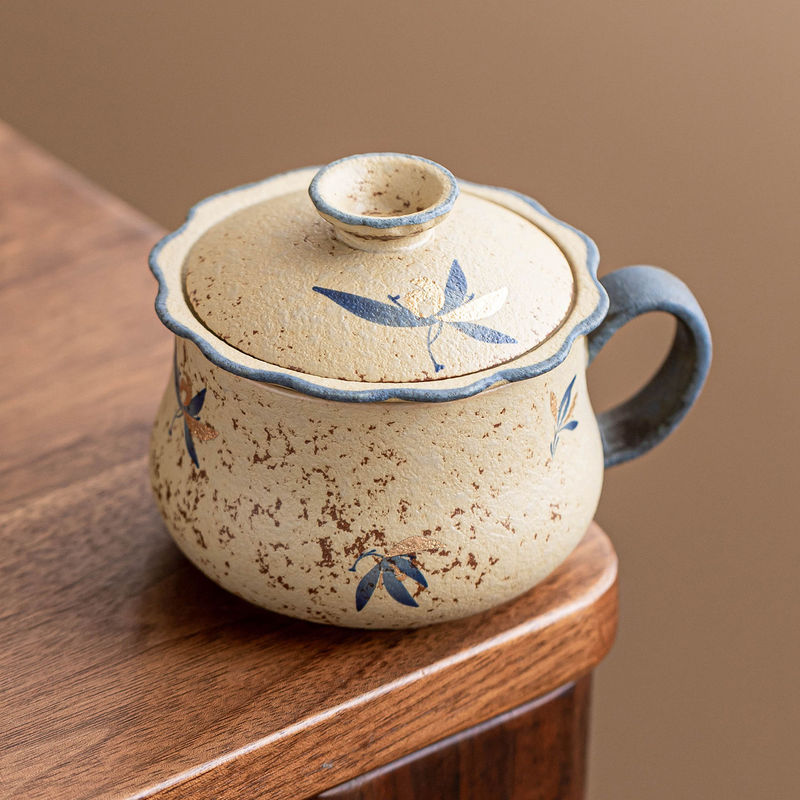 厂家茶水分离茶杯青花火石红花口办公杯陶瓷杯子马克杯带盖泡茶杯|undefined